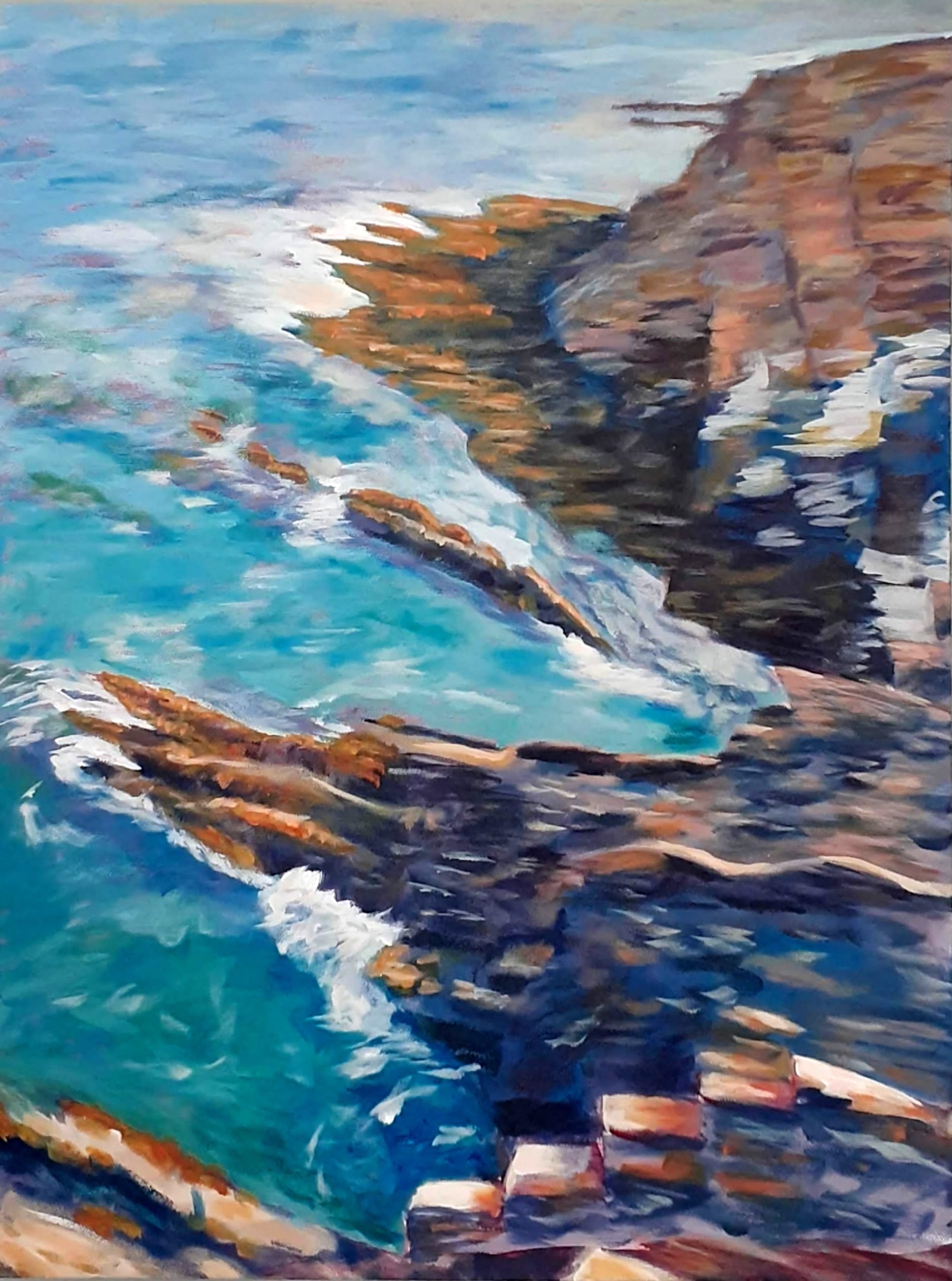 A top down painting of the ocean, as it crashes against a cliffside shore.