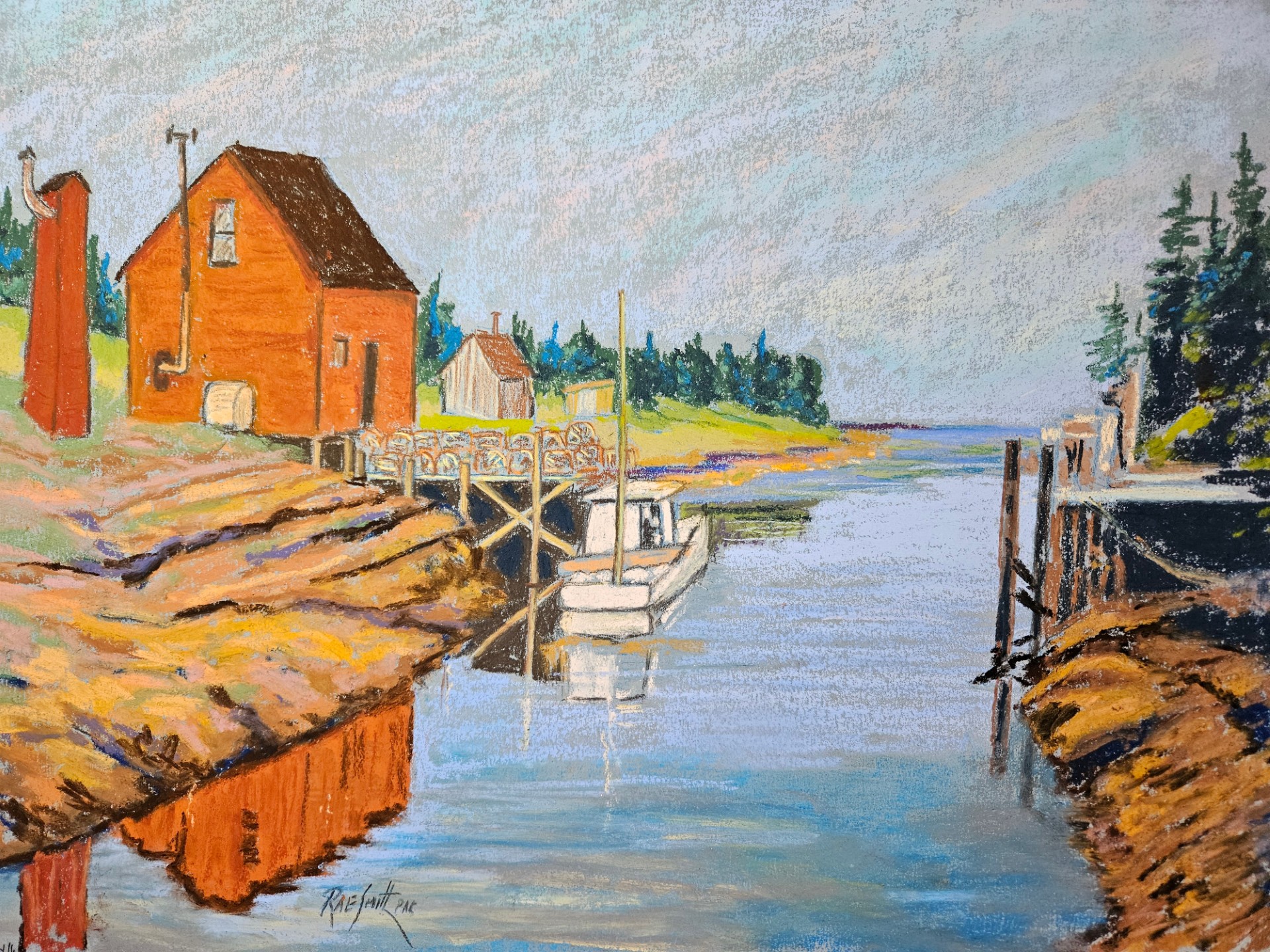 A pastel illustration of a fishing a small fishing boat and house, along a calm waterscape.