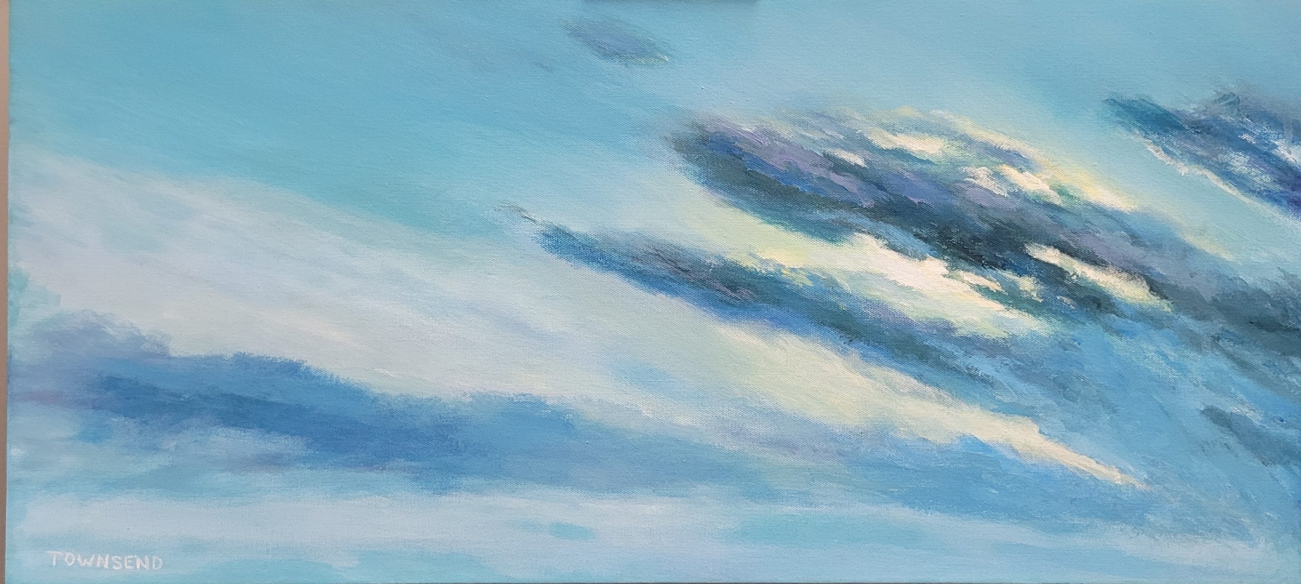 Painting of a cloudy blue sky on a bright day.