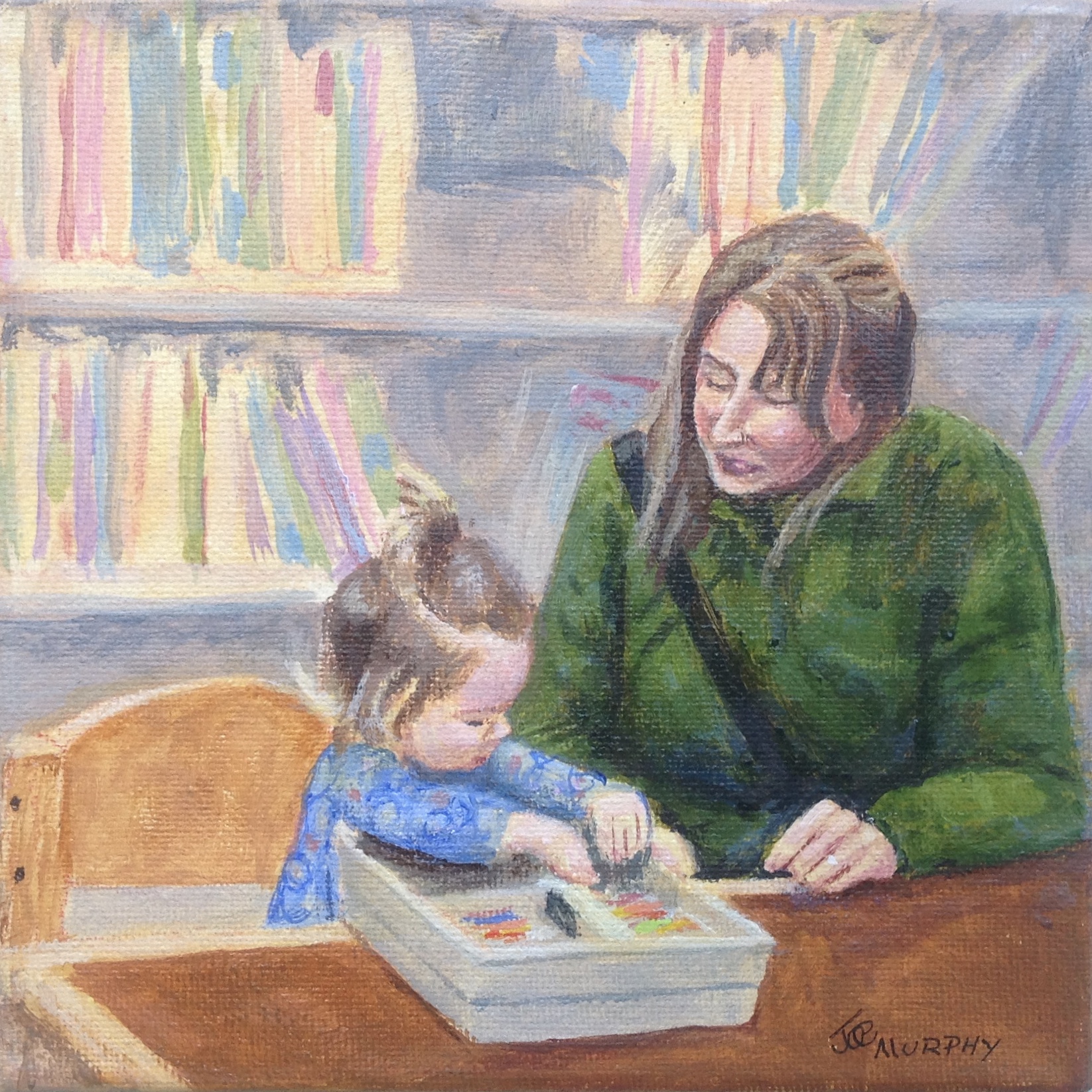 A painting of a parent and young child playing at the Library.